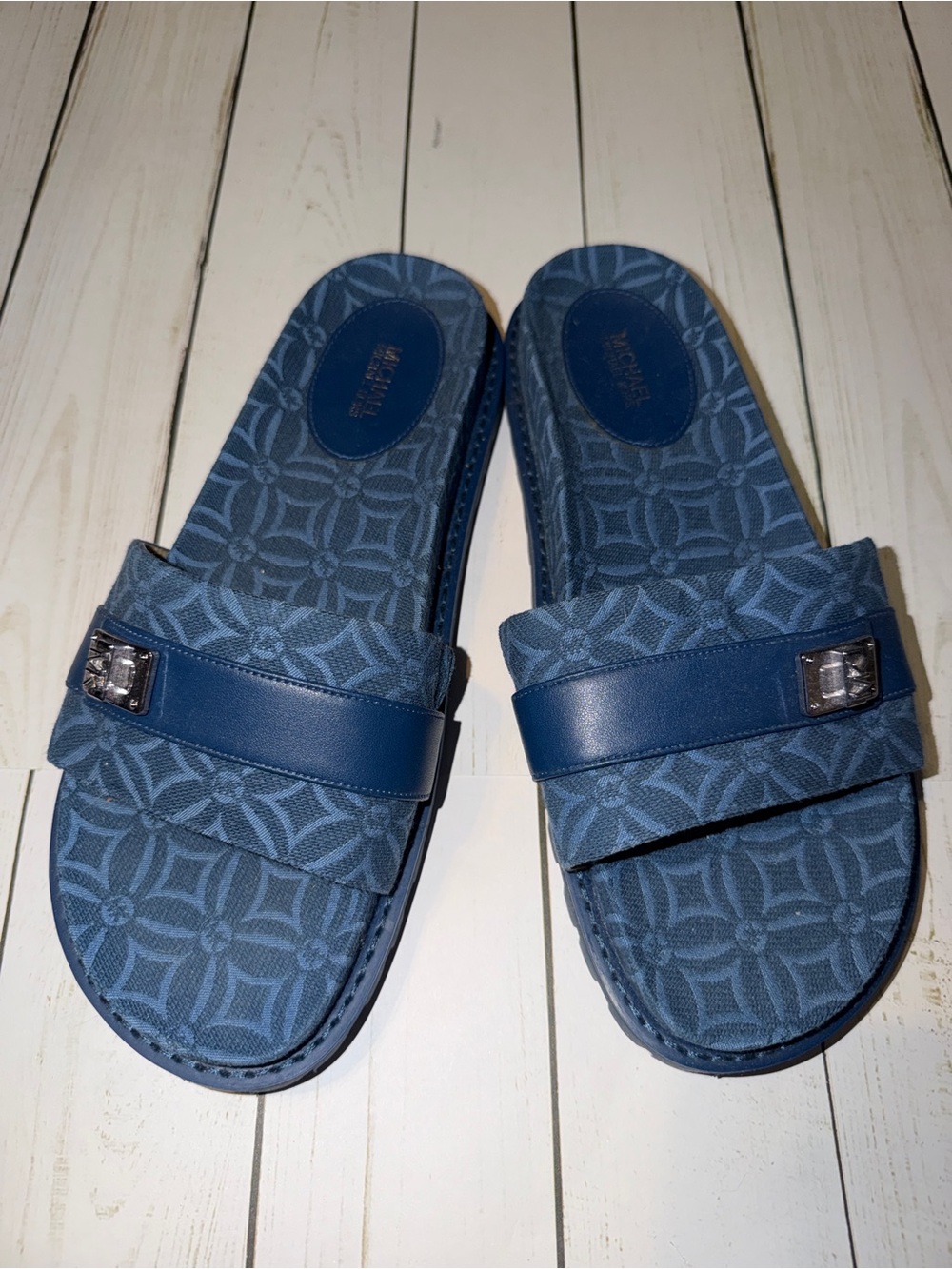 Michael Kors PADMA Navy Blue Patterned Slide Sandals with Buckle- BRAND NEW